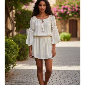 Cleobella Ivory Off-Shoulder Crochet Bell Sleeve Mini Dress